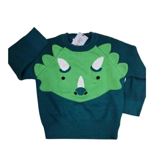 3T Cat & Jack Green Dinosaur Triceratops 100% Cotton Sweater Green Toddler NWT - Picture 2 of 5